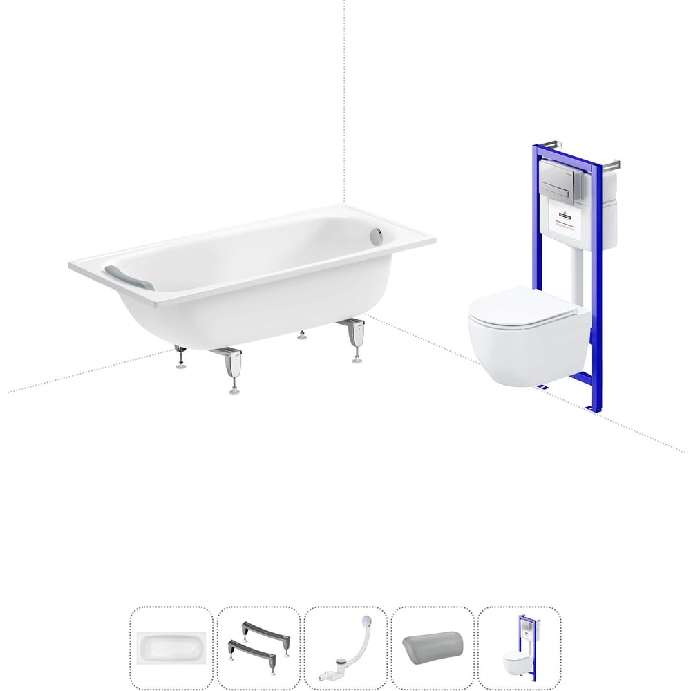 Изображение товара Комплект 5 в 1 Sanitana Europa 2.2 мм стальная ванна и подвесной унитаз