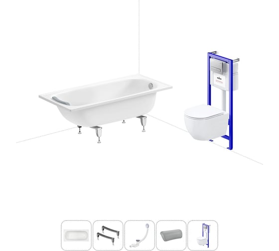 Изображение товара Комплект 5 в 1 Sanitana Europa 2.2 мм, стальная ванна 150x70 см, с инсталляцией и подвесным унитазом BLB 20220789R