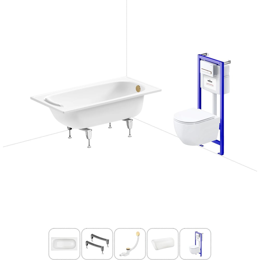 Изображение товара Комплект 5 в 1 Sanitana Europa 2.2 мм стальная ванна и унитаз с инсталляцией