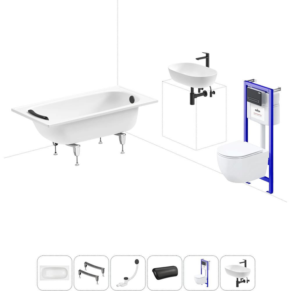 Изображение товара Комплект 6 в 1 Sanitana BLB Europa 2,2 стальная ванна 140x70 с инсталляцией, подвесным унитазом 20220787R