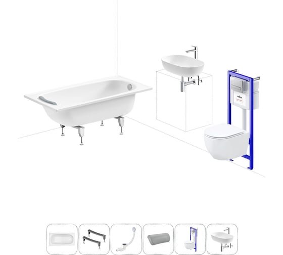 Изображение товара Комплект 6 в 1 Sanitana BLB Europa 2,2 стальная ванна 140x70 с инсталляцией, подвесным унитазом 20220785R