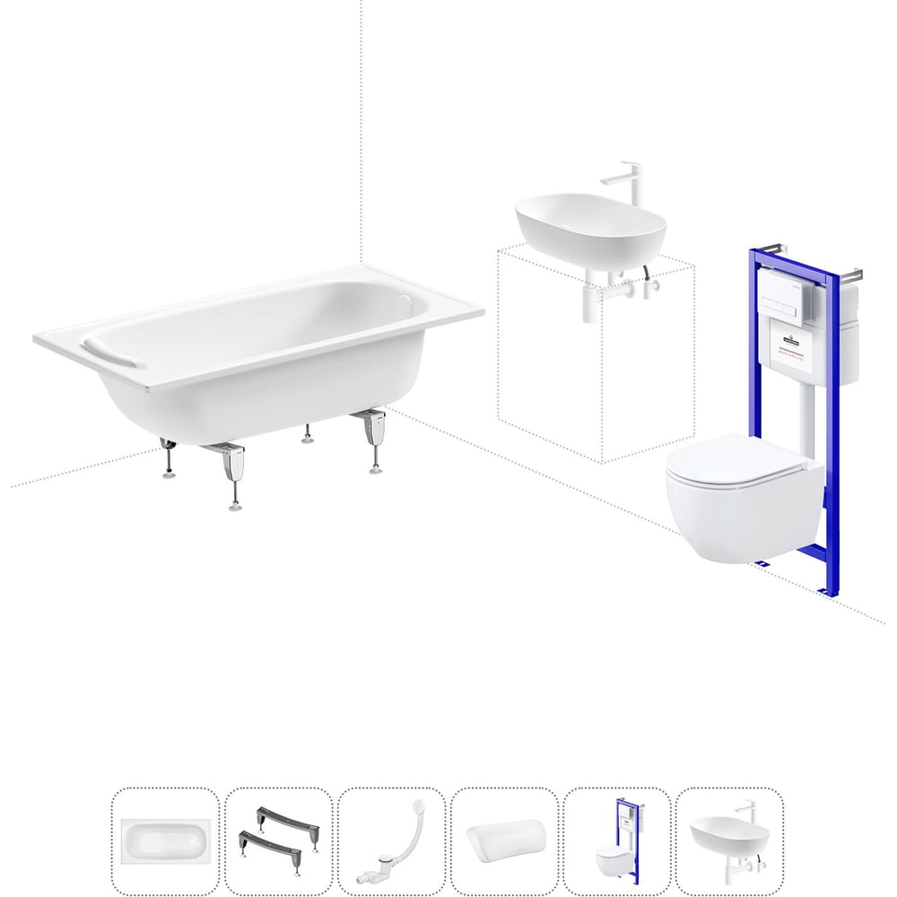 Изображение товара Комплект 6 в 1 Sanitana BLB Europa 2,2 стальная ванна 130x70 с инсталляцией, подвесным унитазом 20220778R