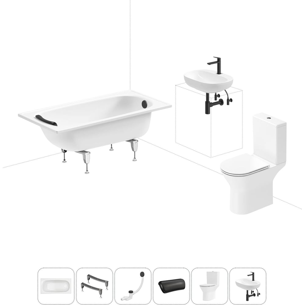 Изображение товара Комплект 6 в 1 Sanitana BLB Europa 2,2 стальная ванна с унитазом и раковиной