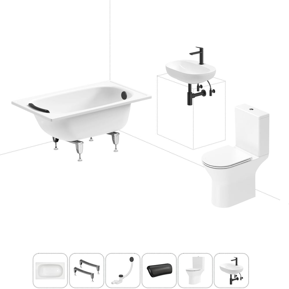 Изображение товара Комплект 6 в 1 Sanitana BLB Europa 2,2 стальная ванна 120x70 с напольным унитазом и раковиной 20220587R