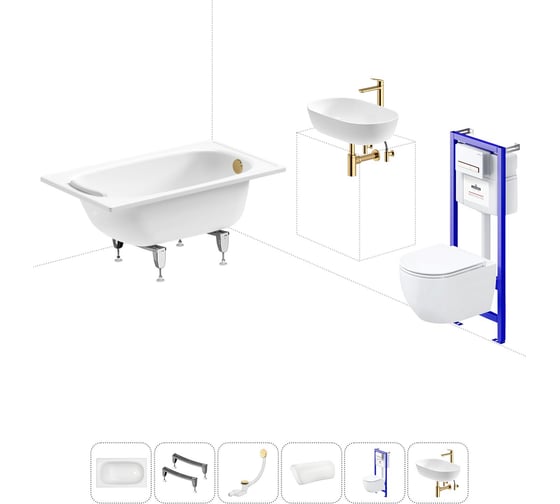 Изображение товара Комплект 6 в 1 Sanitana BLB Europa 2,2 стальная ванна 105x70 с инсталляцией, подвесным унитазом 20220764R