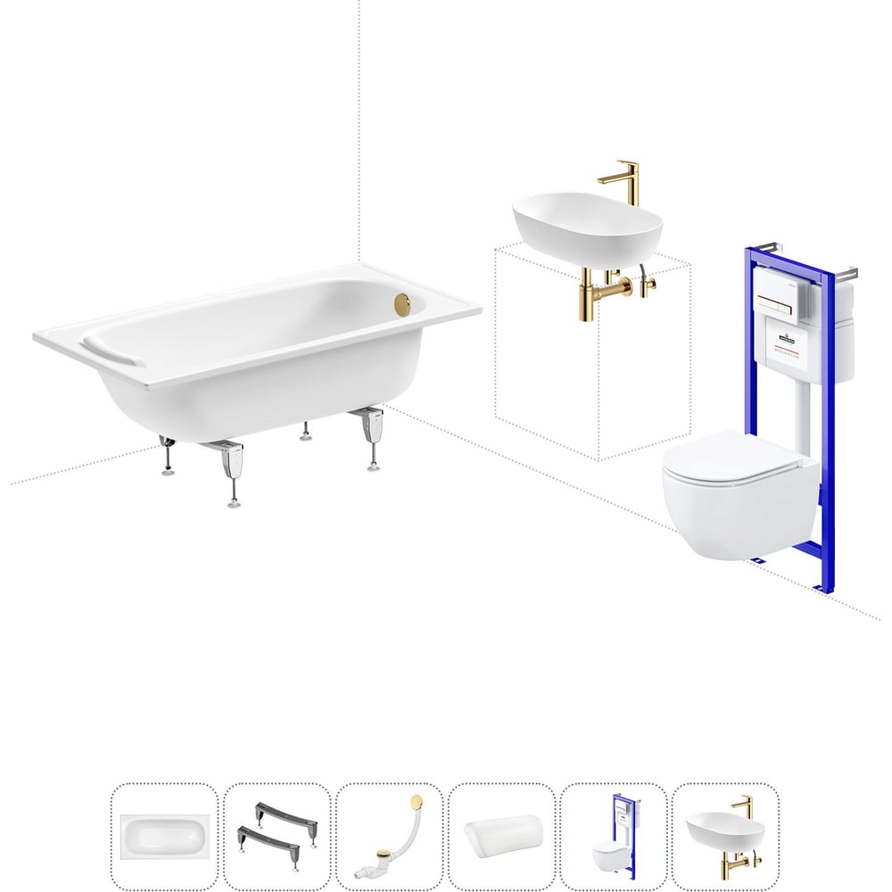 Изображение товара Комплект 6 в 1 Sanitana BLB Europa стальная ванна и унитаз с инсталляцией