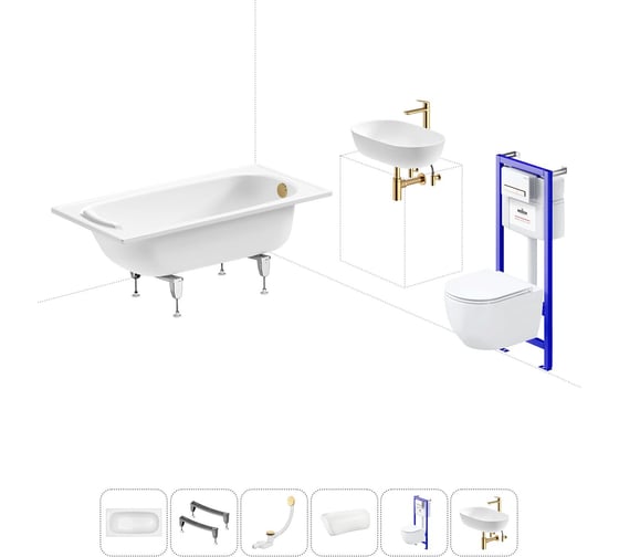 Изображение товара Комплект 6 в 1 Sanitana BLB Europa 2,2 стальная ванна 130x70 с инсталляцией, подвесным унитазом 20220780R