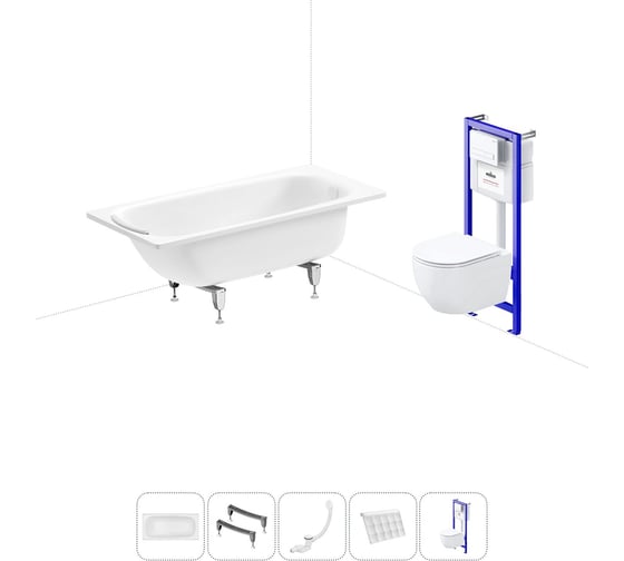 Изображение товара Комплект 5 в 1 Sanitana BLB Universal 3,5 стальная ванна 150x70 с инсталляцией и подвесным унитазом 20220822R