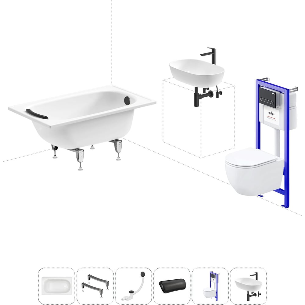 Изображение товара Комплект 6 в 1 Sanitana BLB Europa 2,2 стальная ванна 105x70 см с подвесным унитазом