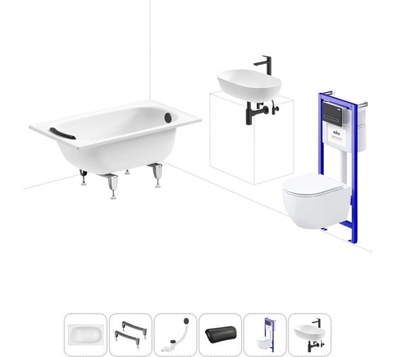 Изображение товара Комплект 6 в 1 Sanitana BLB Europa 2,2 стальная ванна 105x70 с инсталляцией, подвесным унитазом 20220763R