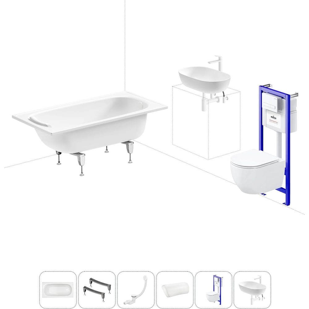 Изображение товара Комплект 6 в 1 Sanitana BLB Europa 2,2 стальная ванна 140x70 с инсталляцией, подвесным унитазом 20220786R