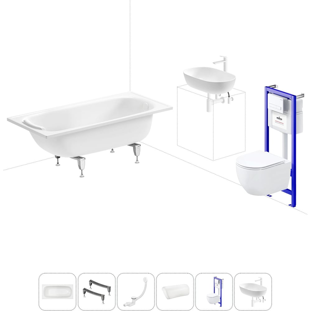 Изображение товара Комплект 6 в 1 Sanitana BLB Europa стальная ванна с инсталляцией и унитазом 150x70