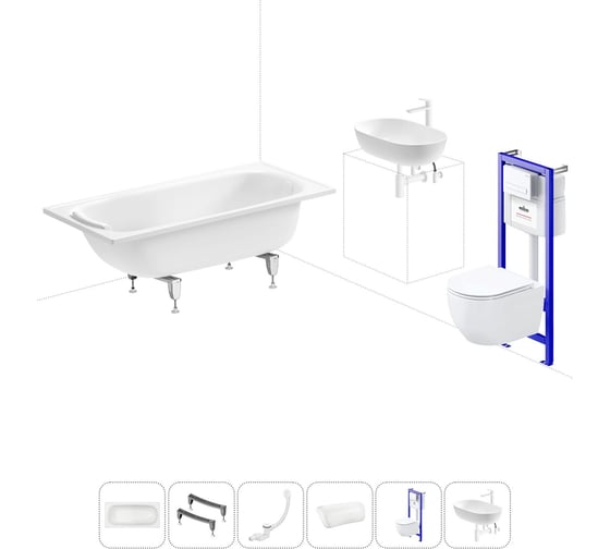 Изображение товара Комплект 6 в 1 Sanitana BLB Europa 2,2 стальная ванна 150x70 с инсталляцией, подвесным унитазом 20220794R