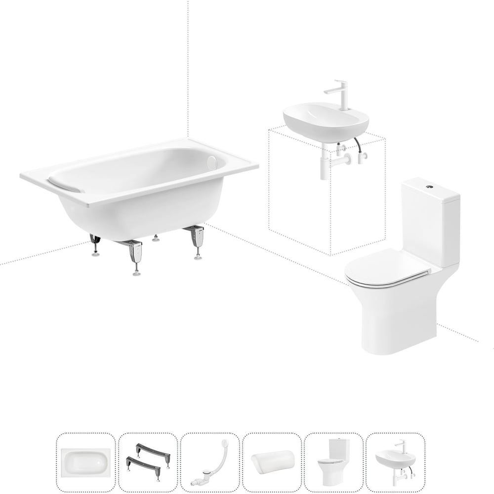 Изображение товара Комплект 6 в 1 Sanitana BLB Europa 2,2 стальная ванна 120x70 с унитазом и раковиной