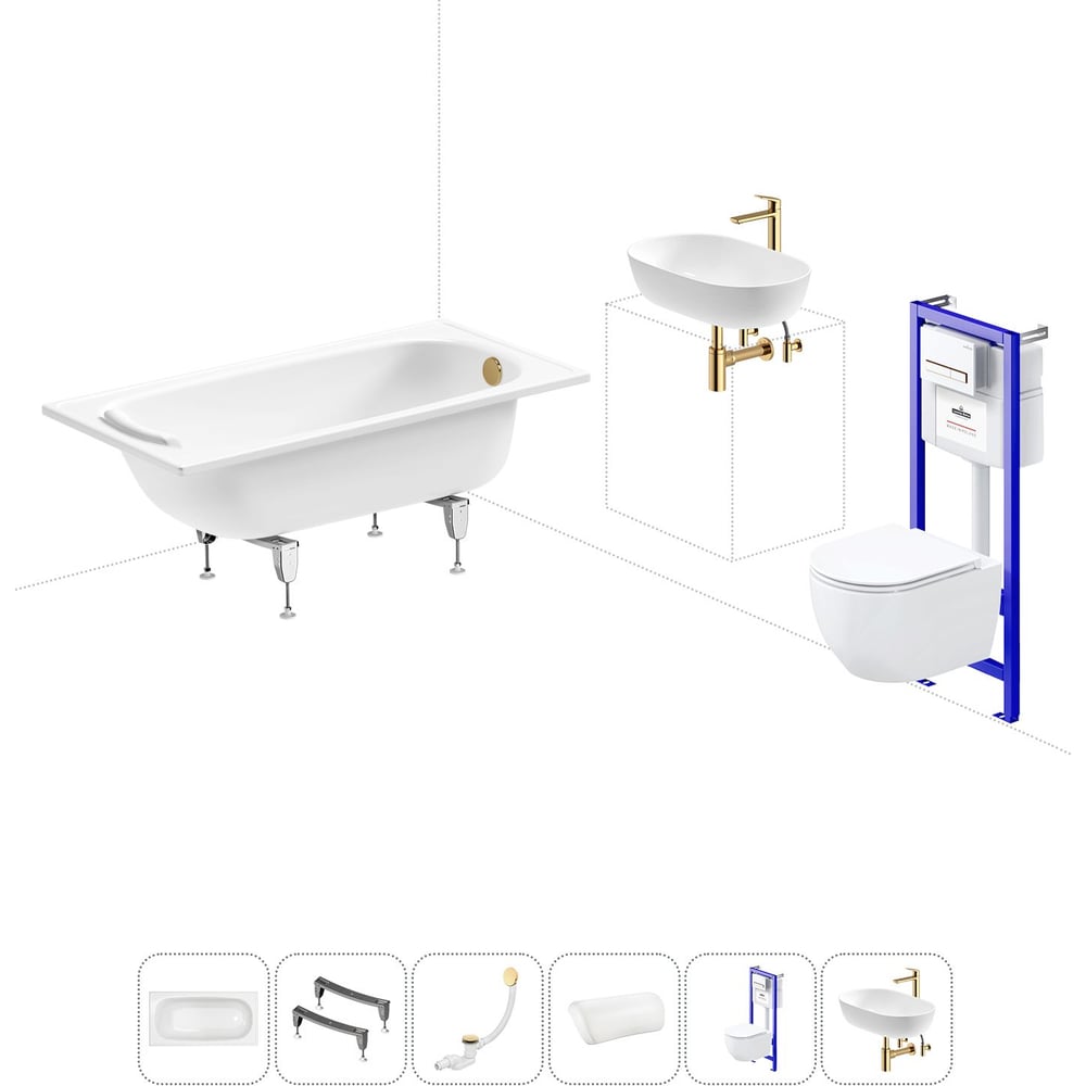 Изображение товара Комплект 6 в 1 Sanitana BLB Europa 2,2 стальная ванна 140x70 с инсталляцией и унитазом