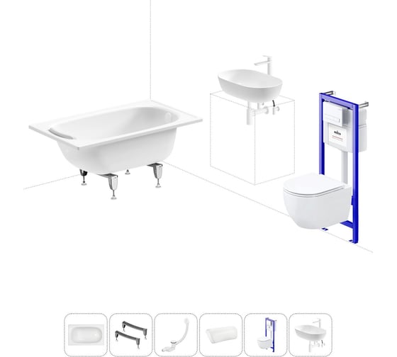 Изображение товара Комплект 6 в 1 Sanitana BLB Europa 2,2 стальная ванна 105x70 с инсталляцией, подвесным унитазом 20220762R