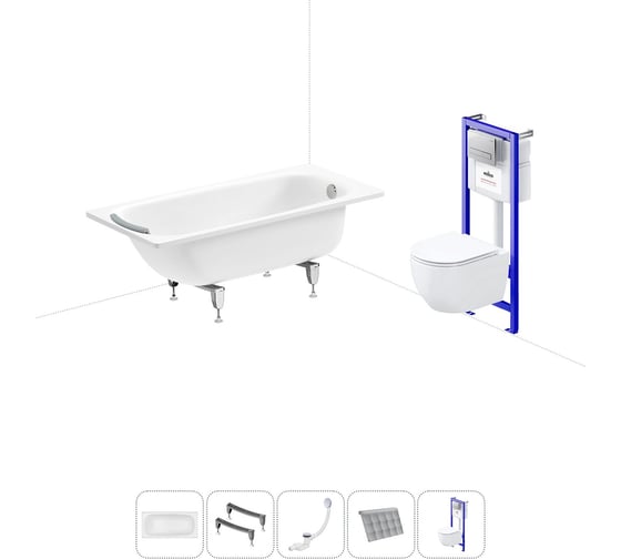 Изображение товара Комплект 5 в 1 Sanitana BLB Universal 3,5 стальная ванна 150x70 с инсталляцией и подвесным унитазом 20220821R