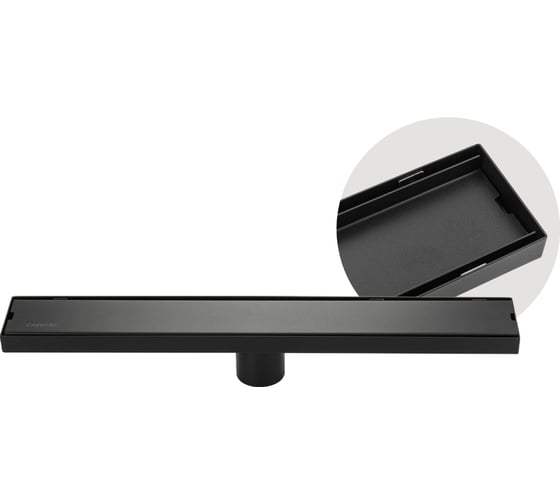 Изображение товара Трап линейный САНАКС 500 х 70 мм, нержавеющая сталь, вертикальный выпуск 50 мм, крышка литая, двухсторонняя, с возможностью вставки плитки, с гидрозатвором, цвет ЧЁРНЫЙ 30036