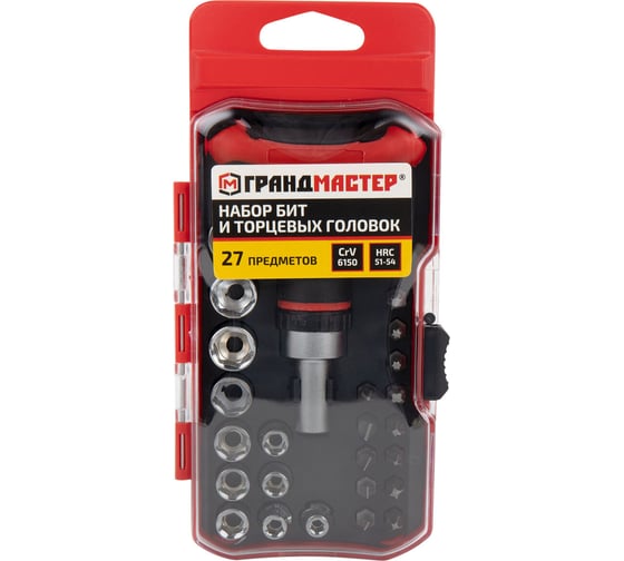 Изображение товара Набор бит и торцевых головок с трещоткой ГРАНДМАСТЕР 1/4, 27 предметов, пластиковый бокс 671327