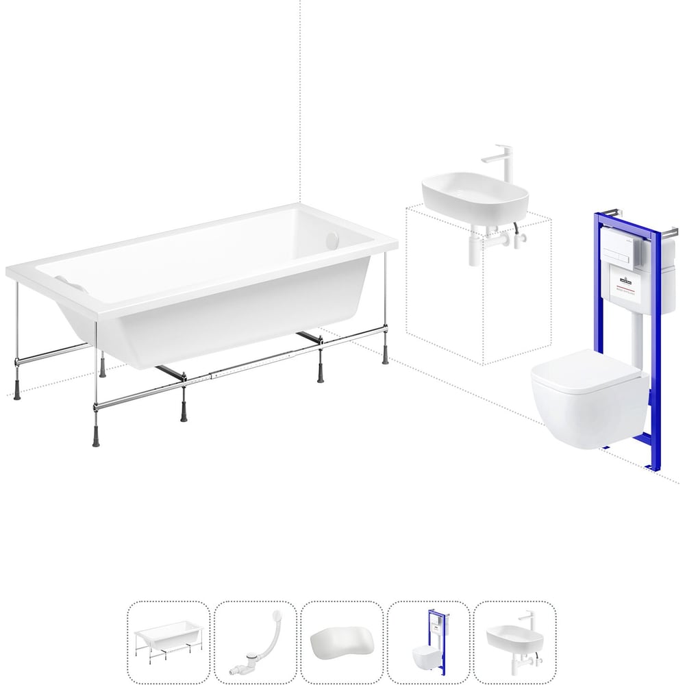 Изображение товара Комплект 6 в 1 Lavinia Boho Catani акриловая ванна 170x80 с инсталляцией, подвесным унитазом 20221286R