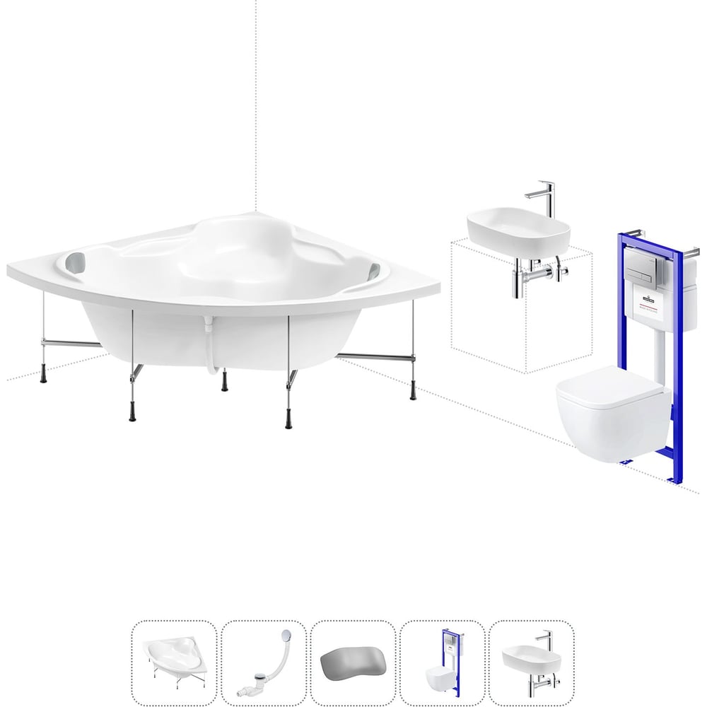 Изображение товара Комплект 6 в 1 Lavinia Boho Elegant угловая акриловая ванна со встроенным унитазом 140x140 см