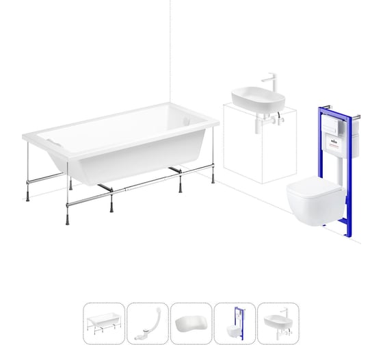 Изображение товара Комплект 6 в 1 Lavinia Boho Catani акриловая ванна 160x80 с инсталляцией, подвесным унитазом 20221278R