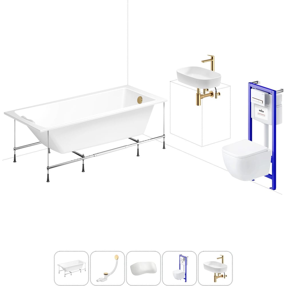 Изображение товара Комплект 6 в 1 Lavinia Boho One акриловая ванна 150x70 с инсталляцией унитаз и каркас