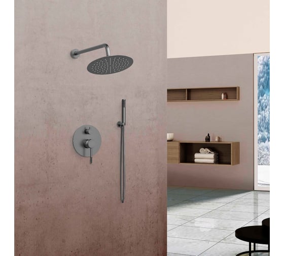 Изображение товара Душевой комплект VINCEA Desire встраиваемый, 2 режима, 25 см, S304 верхний душ, вороненая сталь VSFW-1D1GM