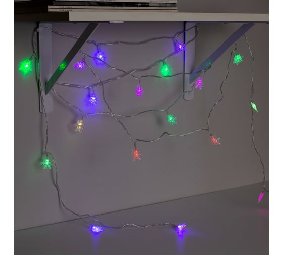 Изображение товара Нить Luazon DCR 5 м, с насадками Снежинки малые, IP20, Н.С. LED-20-220V, моргает, мульти 541525