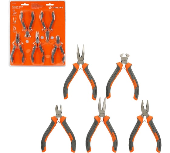 Изображение товара Набор ШГИ мини Airline 5предметов, бокорезы, длинногубцы 2шт, кусачки, пассатижи 120мм, блистер ATCF006