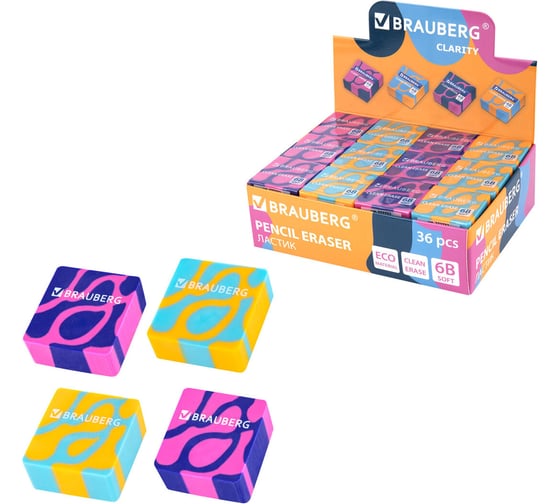 Изображение товара Ластик BRAUBERG BRIGHT PATTERNS, КОМПЛЕКТ 36 шт., 34x34x14 мм, квадратный, экологичный ПВХ, ассорти 272732