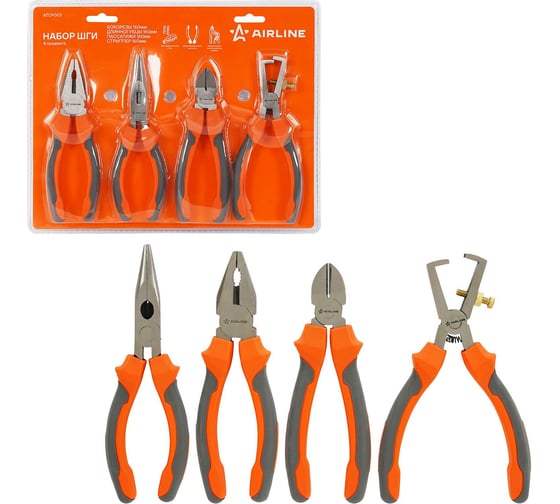 Изображение товара Набор Airline ШГИ 4пр. (бокорезы 160мм, длинногубцы 160мм, пассатижи 160мм, стриппер 160мм) блистер ATCF003