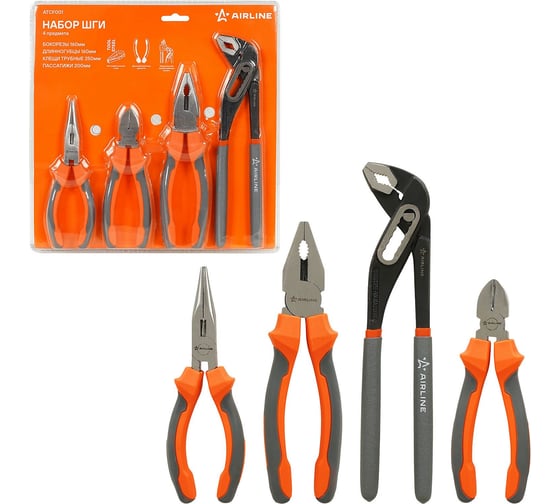 Изображение товара Набор Airline ШГИ 4пр. (бокорезы, длинногубцы 160мм, клещи трубные 250мм, пассатижи 200мм) блистер ATCF001