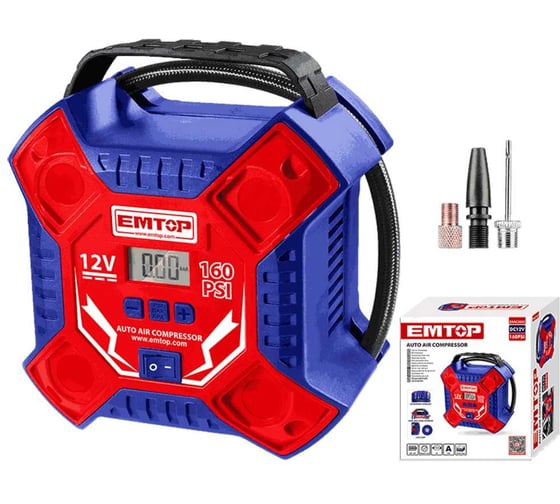 Изображение товара Компрессор автомобильный emtop макс давление 160 фунтов на квадратный дюйм / 11 Бар / 1100 кПа, макс расход воздуха 35 л/мин EAAC3502
