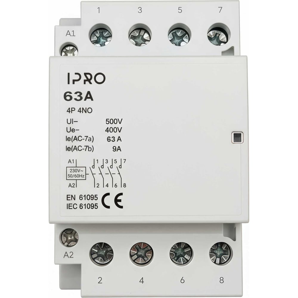 Изображение товара Контактор IPRO 63А 4п DIN-рейка нереверсивный 230В 2NO
