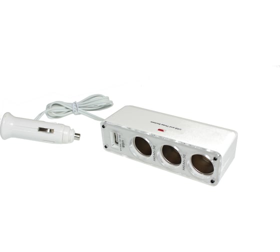 Изображение товара Разветвитель прикуривателя Nord-Yada 3 гнезда, USB провод 60см, с индик. белый, в блистере 902943