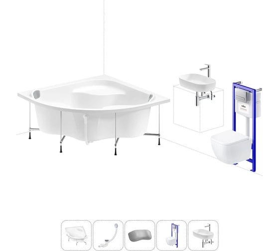 Изображение товара Комплект 6 в 1 Lavinia Boho Aveo акриловая ванна 150x150 с инсталляцией, подвесным унитазом 20221393R