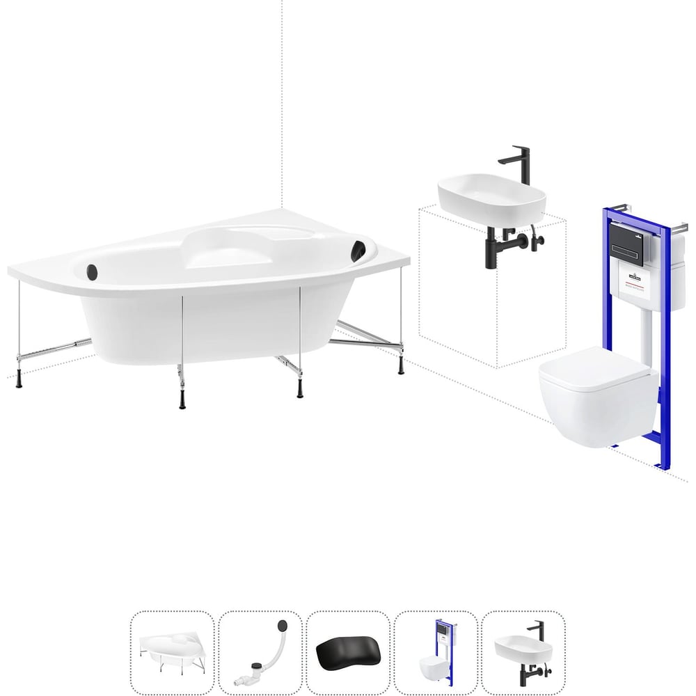 Изображение товара Комплект 6 в 1 Lavinia Boho Bell Pro акриловая ванна 140x95 с инсталляцией, подвесным унитазом 20221363R