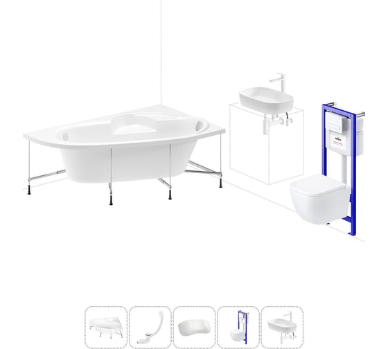 Изображение товара Комплект 6 в 1 Lavinia Boho Bell Pro акриловая ванна 140x95 с инсталляцией, подвесным унитазом 20221362R