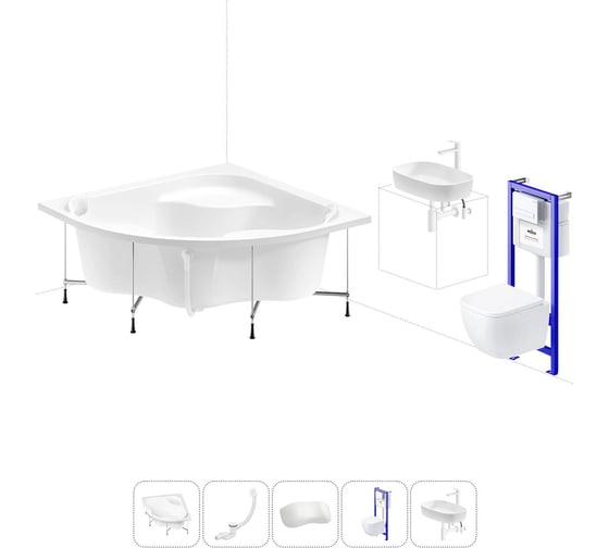 Изображение товара Комплект 6 в 1 Lavinia Boho Aveo акриловая ванна 140x140 с инсталляцией, подвесным унитазом 20221390R