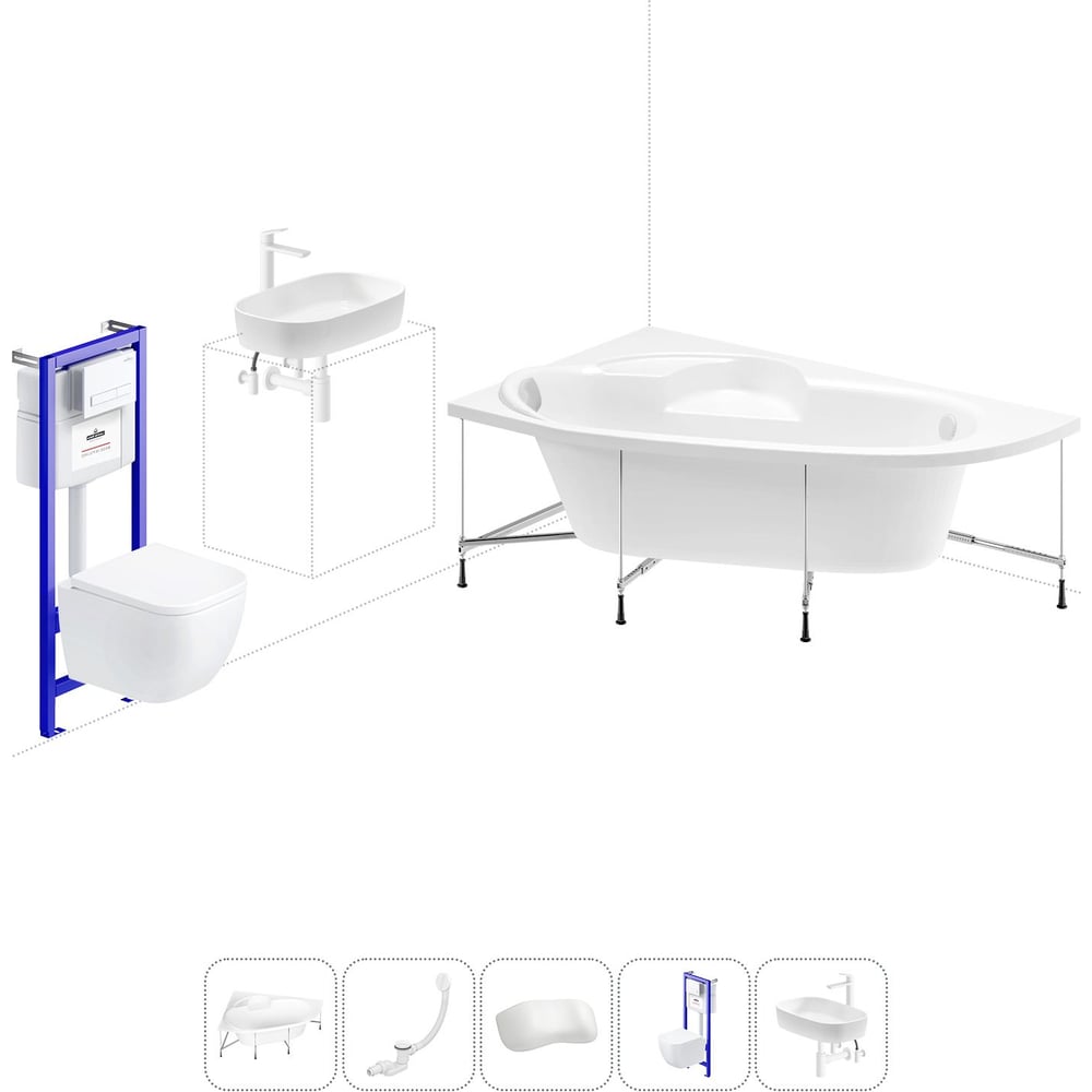 Изображение товара Комплект 6 в 1 Lavinia Boho Bell Pro акриловая ванна 150x100 с инсталляцией, подвесным унитазом 20221366R