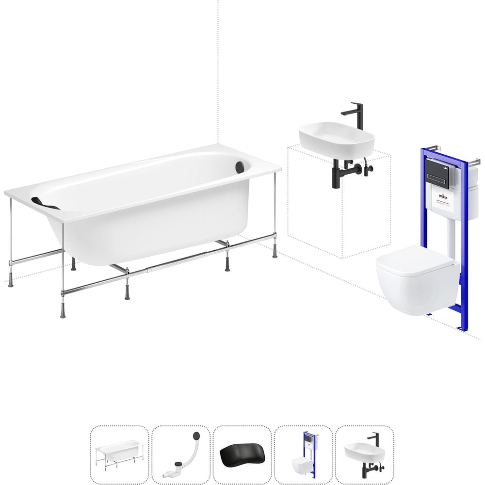 Изображение товара Комплект Ванна 6 в 1 Lavinia Boho Biore 160x70 см с инсталляцией и унитазом