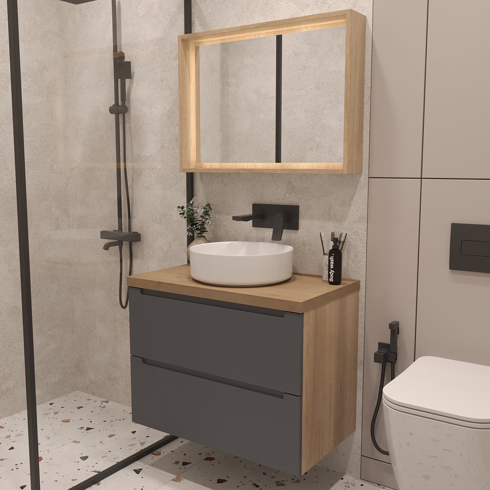 Изображение товара Тумба под раковину-столешницу ЗОВ Дион 100 Графит мат-Дуб D100GD современная классика