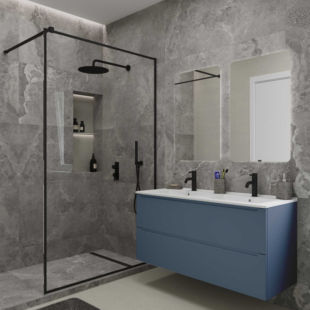 Изображение товара Подвесная тумба для ванной ЗОВ Дион 120 серо-синяя с 2 ящиками для современного интерьера