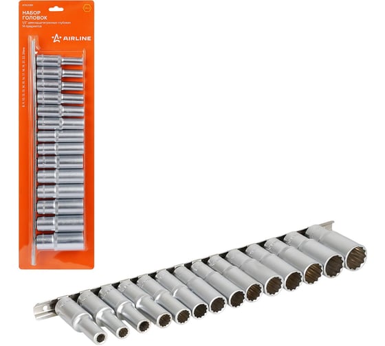 Изображение товара Набор головок 1/2" двенадцатигранных глубоких Airline 14пр. (8-24мм) ATAO089