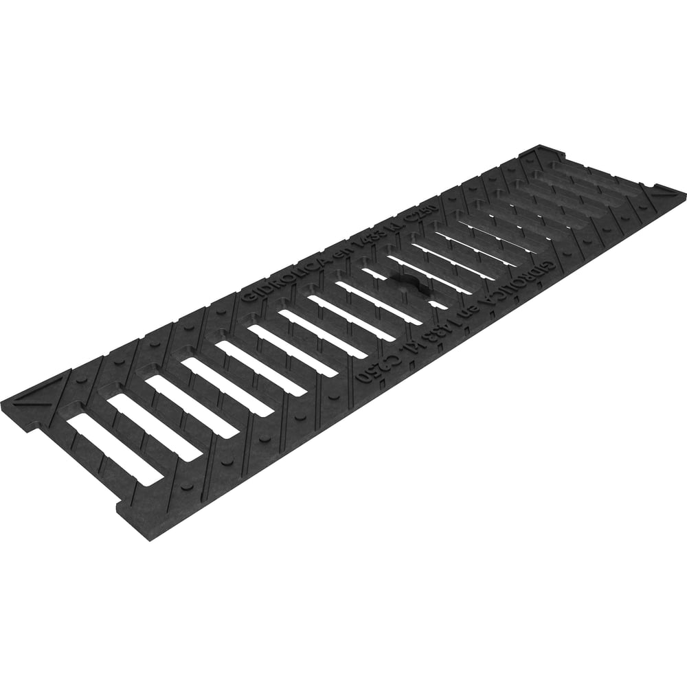 Изображение товара Полимерпесчаный лоток Gidrolica DN100 H65 мм с чугунной щелевой решеткой и крепежом класс С250 703506