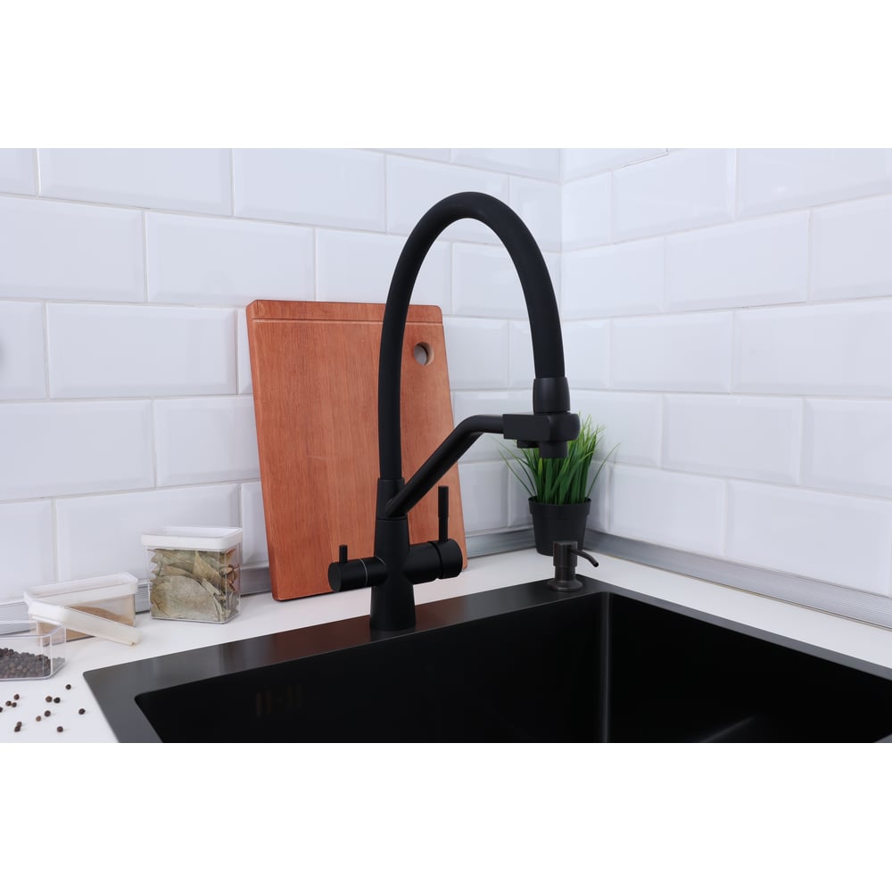 Изображение товара Смеситель для кухни Alcora с гибким изливом и фильтром черный Ravana NS-MH-J006