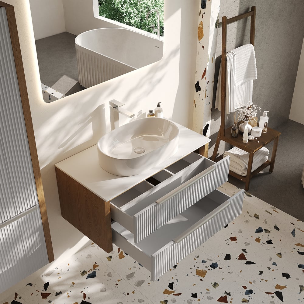 Изображение товара Тумба для ванной со столешницей ЗОВ Валенсия 100 серый и коричневый с двумя ящиками