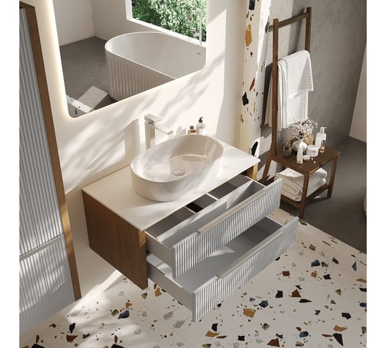 Изображение товара Тумба для ванной ЗОВ со столешницей Валенсия 100, к раковине 40697039, цвет - Камень, Столешница - Белая V100S-KPW