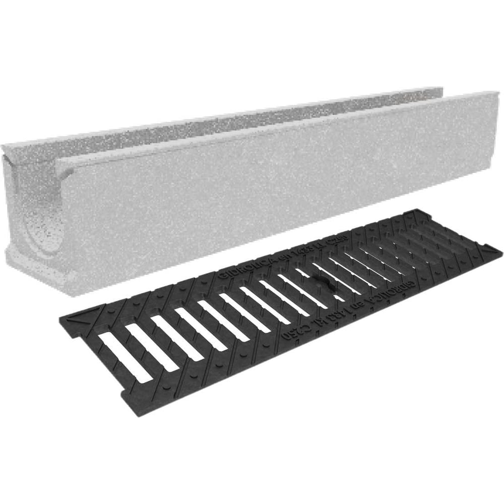 Изображение товара Лоток бетонный Gidrolica DN100 H157 мм с чугунной щелевой решеткой и крепежом C250 13001506